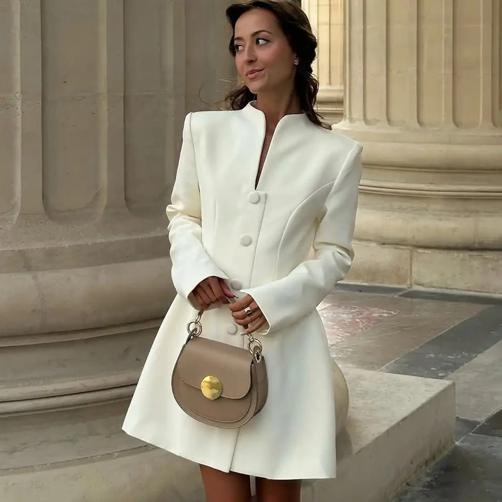 

Ticketsx Women Stand Collar Button Dress Elegant Single Breast Slim Long Sleeve Dress Autumn Fashion Office Lady Commuter Dress