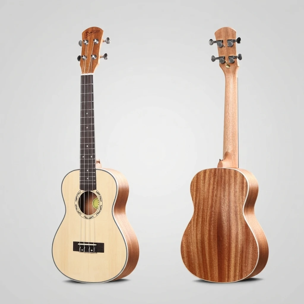 Soprano Ukulele Bright Top Red Brown Back, Black Closed Tuners, 4 Strings, Multi Layer Binding, Decorative Rosette for Beginners