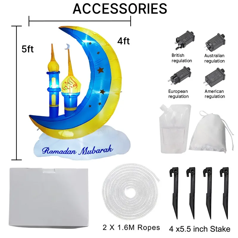 Ramadán musulmán/sslamico, juguetes inflables de 1,5 M/5 pies, luces LED de Castillo de Luna azul y amarillo, decoraciones Eid Mubarak para celebrar el enganchar