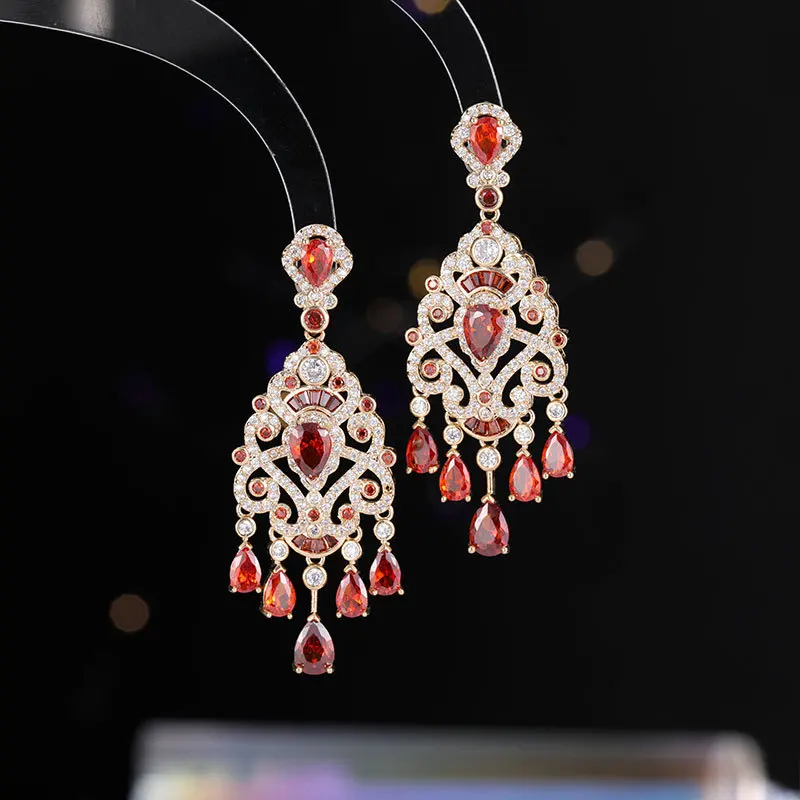 Luxury Palace Style Long Earrings with Colorful Zirconia and Tassel Design for Women