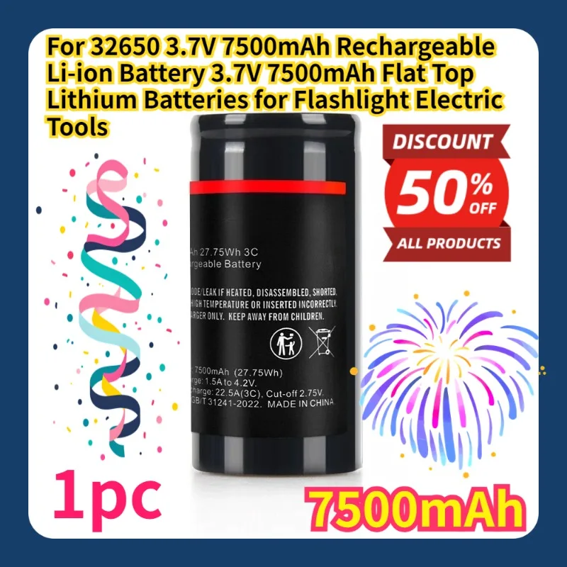 

For 32650 3.7V 7500mAh Rechargeable Li-ion Battery 3.7V 7500mAh Flat Top Lithium Batteries for Flashlight Electric Tools