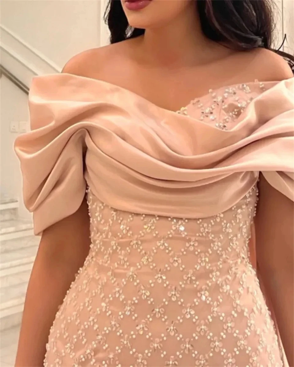 Customized Pink Boat Neck Beading Satin off Shoulder A-line 2024 Evening Dresses for Women Sweep Train Party Dresses Prom Dress