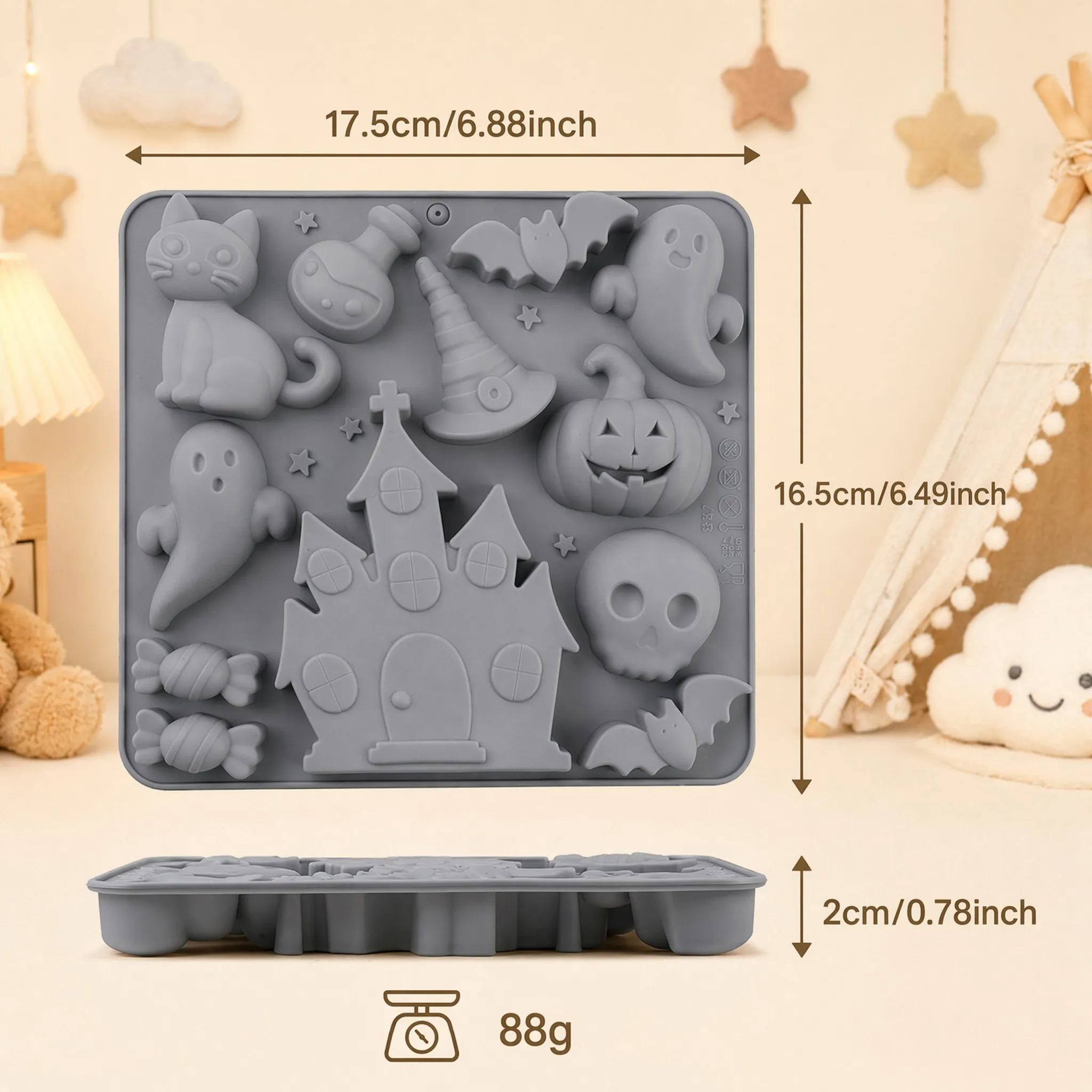 Multi-shape Halloween silicone mold Ghost, Pumpkin, Monster, Bat, Skeleton, Cat Perfect for chocolate candy pudding jelly