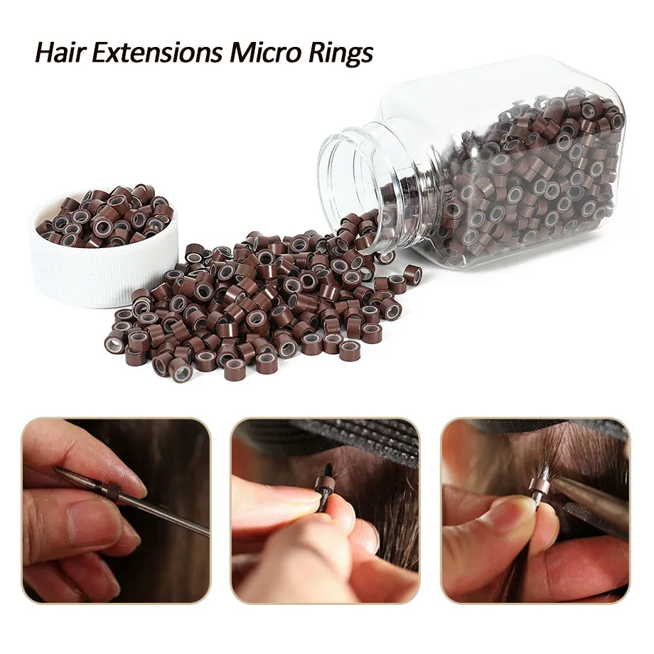 Silicone extensões de cabelo com anéis Micro Links, contas alinhadas para cabelo humano, extensões Tool, blonde preto e marrom, 5mm, 2500PCs