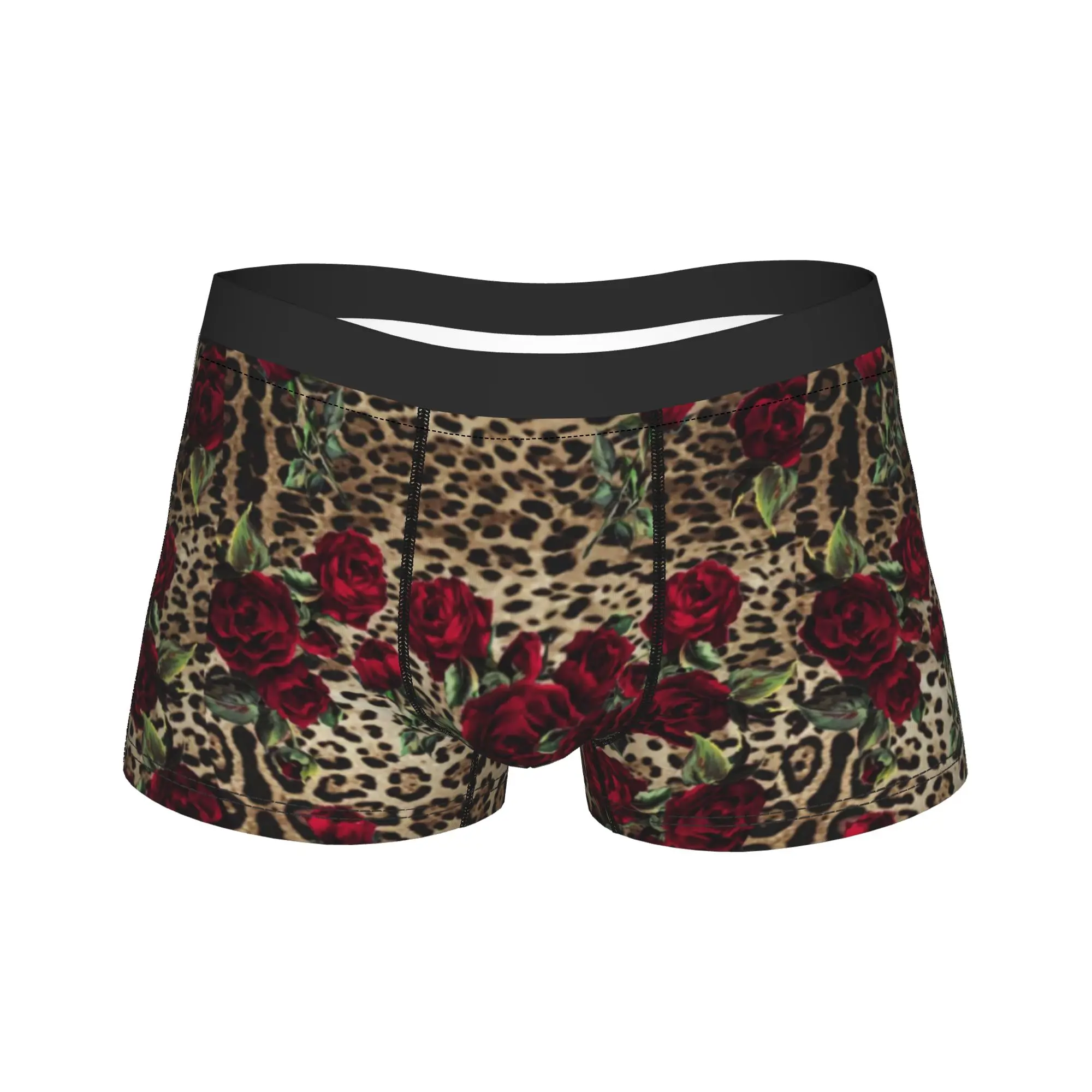 

Red Roses Leopard print Boxershorts Pouch Underwear Quality Custom DIY Shorts Briefs Breathable Males Panties Plus Size