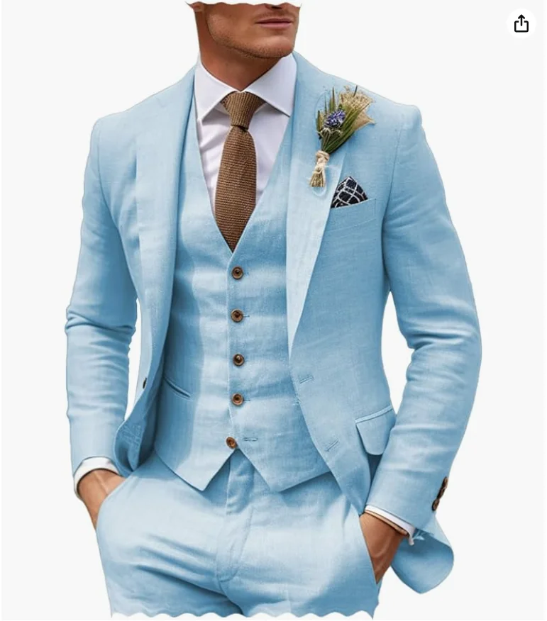 3 piece Linen Summer Men Suits for Wedding Groom Tuxedos 2024 Casual Beach Custom Man Suit Set Jacket Vest with Pants Man Fahion