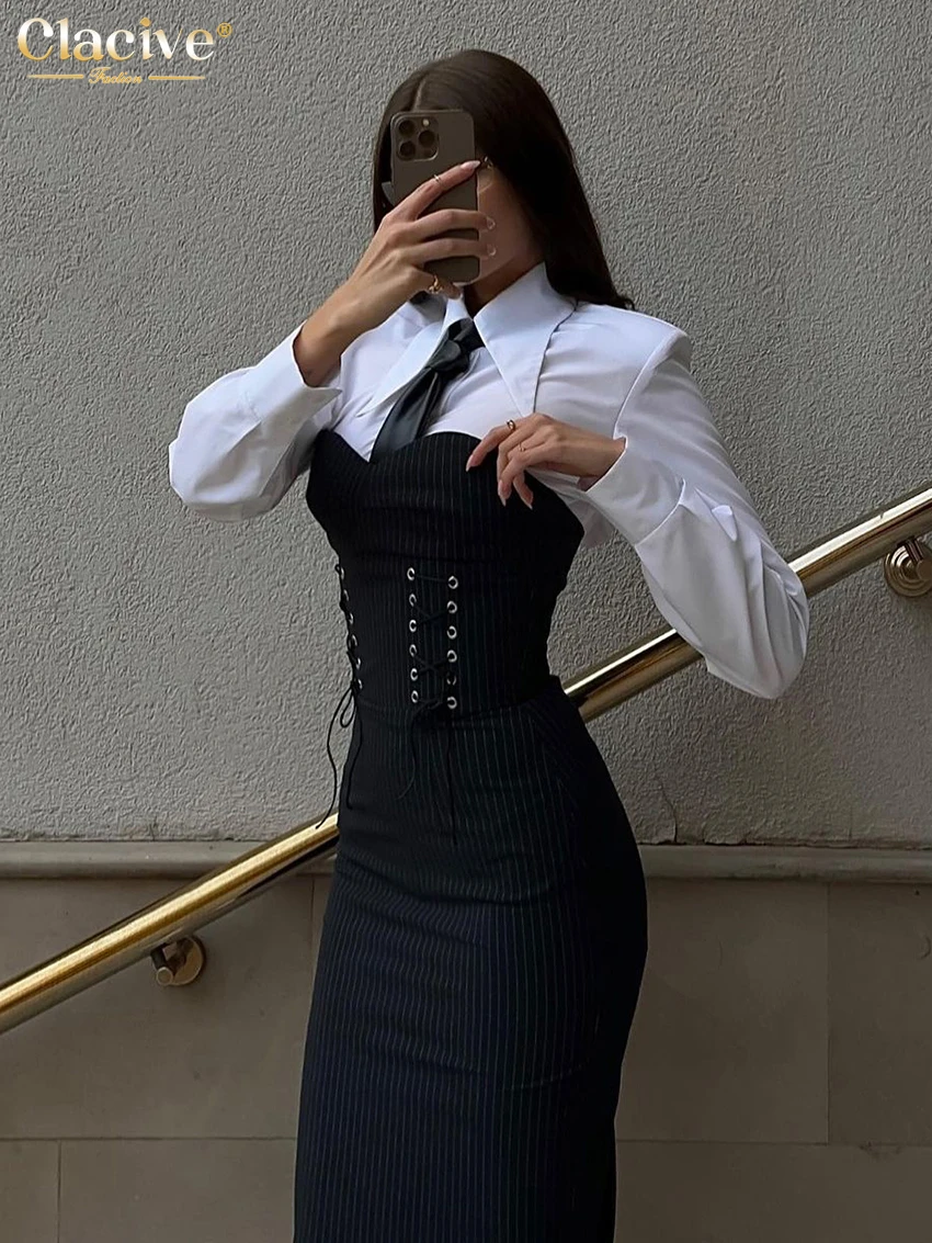 Clacive Fashion Slim Black 2 Piece Sets Women Outfit Elegant Long Sleeve Shirt With Strapless Bandage Midi Dress Set Streetwear