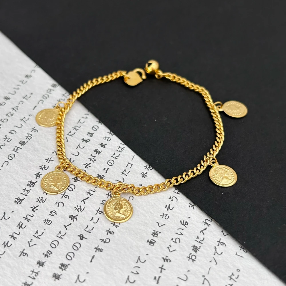 Gold Farbe Runde Münzen Charm Armband Armreifen für Frauen Edelstahl Armband Vintage-Schmuck Zubehör Geschenke