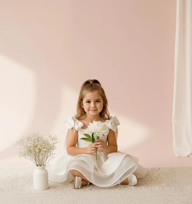 White Layered Bow Dress for Girls – Elegant Flower Girl Dress – Toddler Birthday Outfit – Princess Party Dress