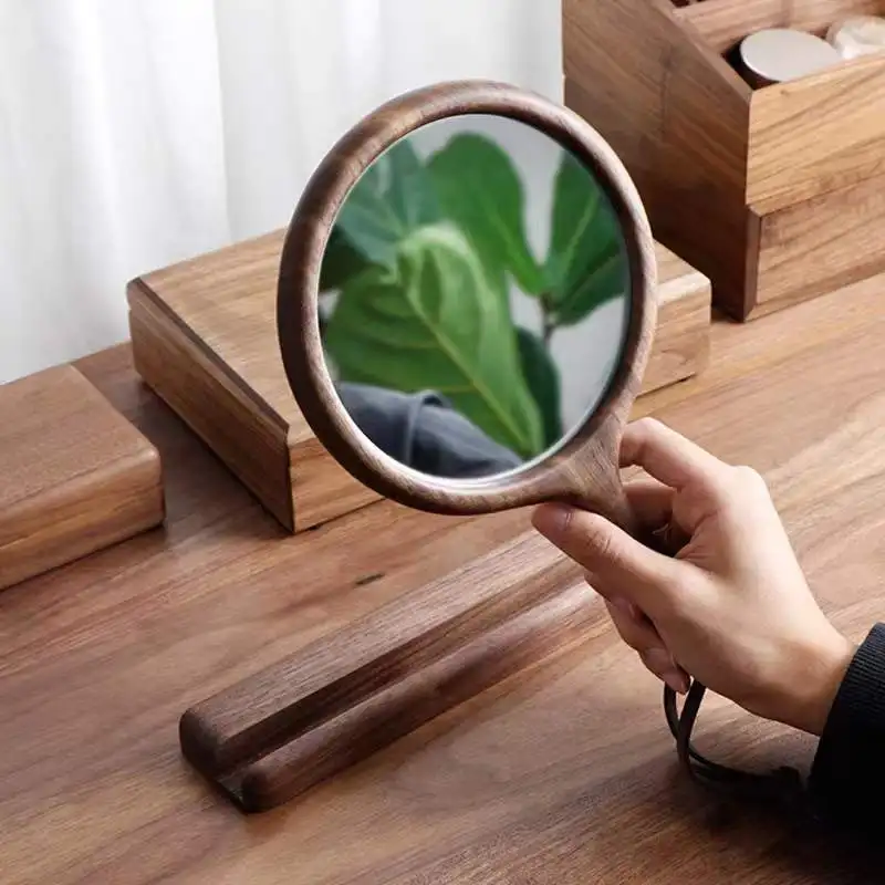 Hand make-up mirror vintage simple black walnut solid wood make-up mirror bedroom dresser table top wooden vanity mirror