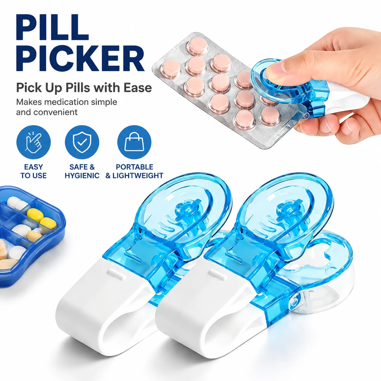 2 in 1 pill cutter and pill remover tool set with non-contact pill picker and stainlesssteel blade pill separator