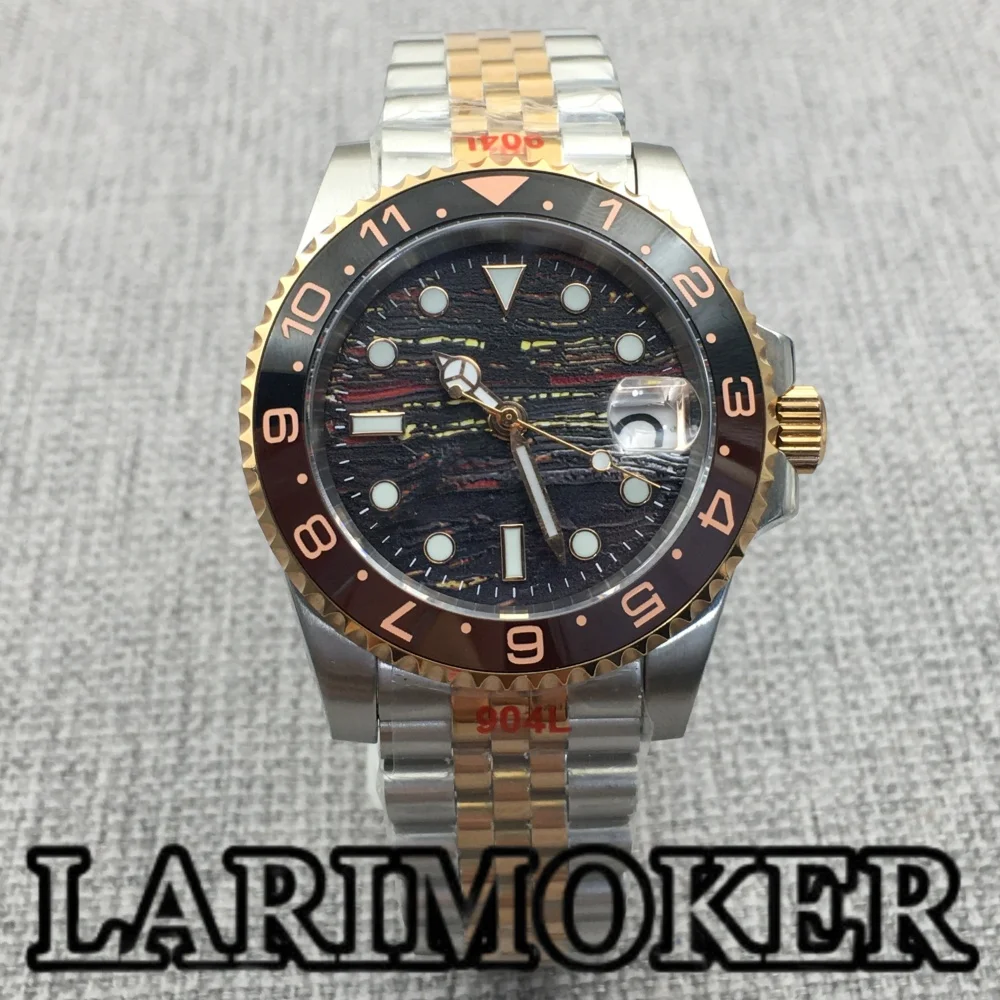 

LARIMOKER 41MM Two Tone Rose Gold Men's Mechanical Watch NH35 Sapphire Glass Ceramic Bezel Meteorite Texture Dial Date Watch