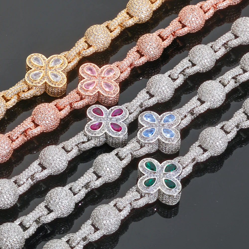 

NY Hip Hop Silver Gold Plated Miami Cuban Necklace Iced Out Colorful Flower Diamond Round Bead Chain Jewelry