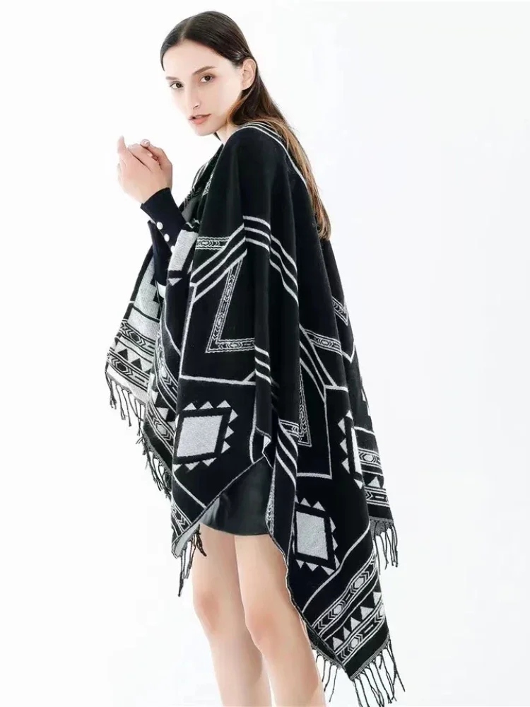

New Indian Nepalese Style Geometric Tassel Split Women Shawl Warm Air Conditioning Room Lady Cloak Poncho Capes Black Khaki