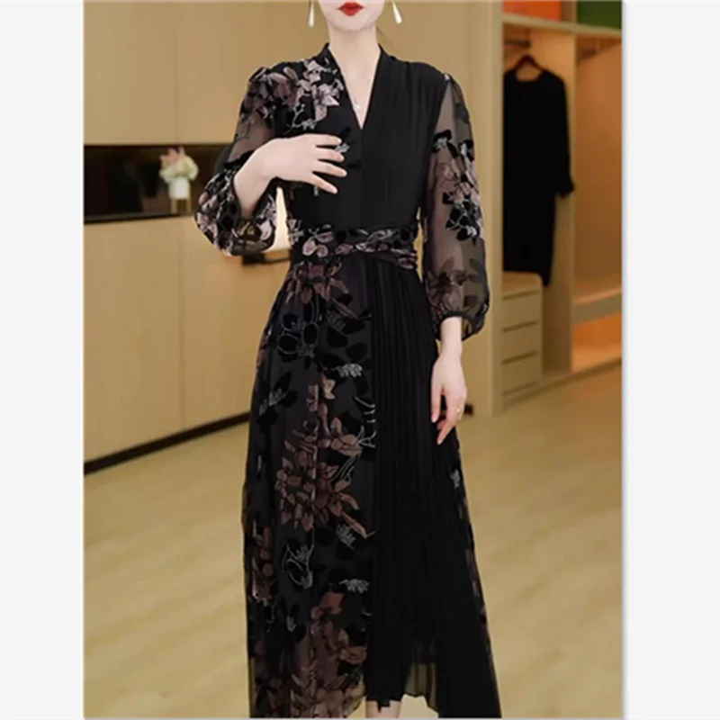 Elegant Flower Print Party Dress Women V-Neck High Waist A-Line Holiday Dress Retro Patchwork Celebrity Pleated Long Dress 562P