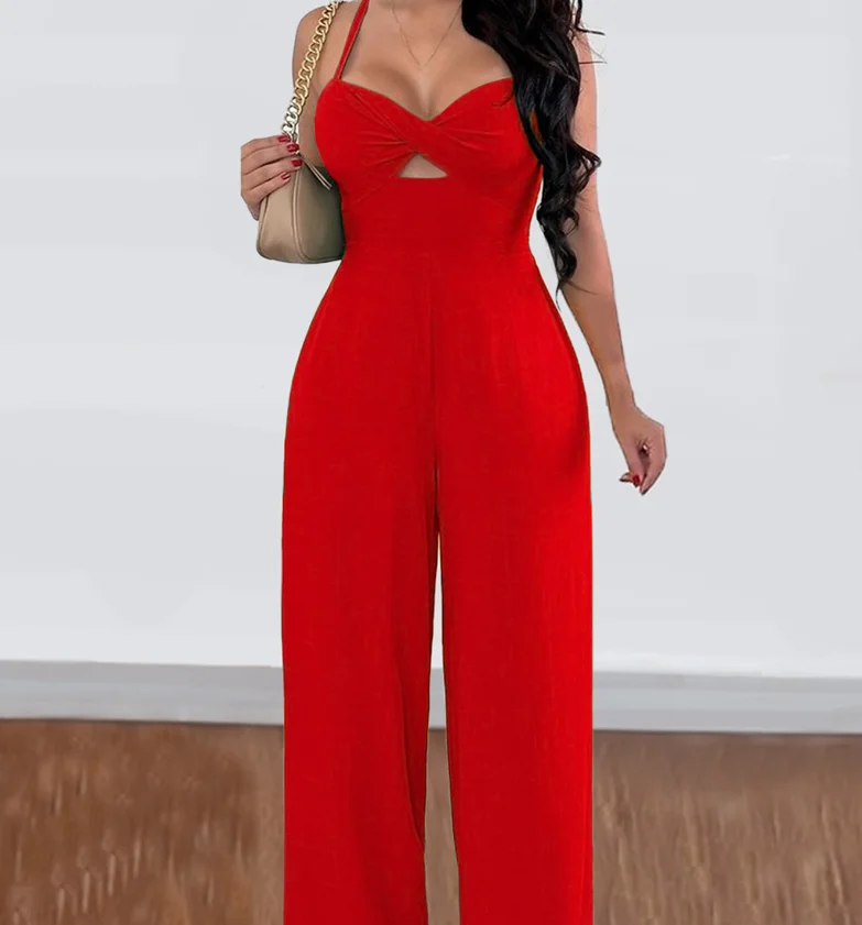 

Women's Romper Bodysuit 2025 Spring Summer Latest Leisure Vacation Communication Style Solid Color Suspended Wide Leg Jumpsuit