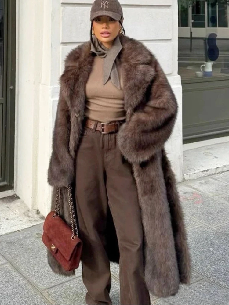 ZADORIN 120 cm Super Long luxe hiver marron fausse fourrure manteau femme élégant ceinturé revers épais moelleux fourrure veste de haute qualité manteaux