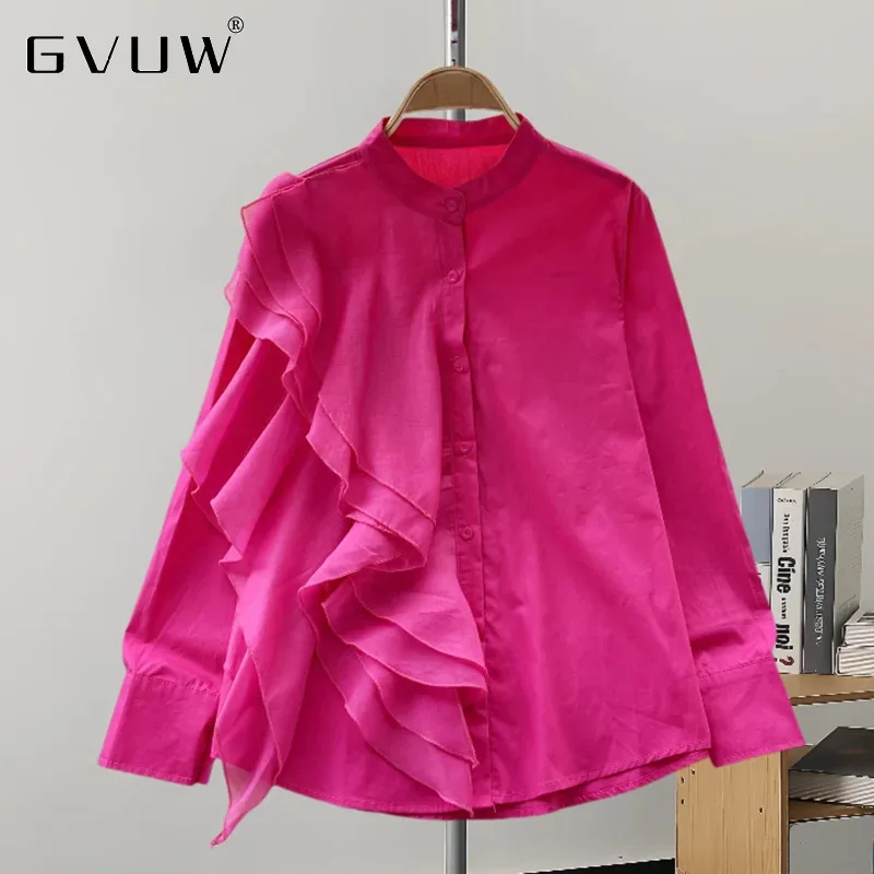 

GVUW Fashion Ruffles Shirt Women Stand Collar Full Sleeve Single Breasted Solid Color New 2024 Elegant Lady Clothing 17G7431