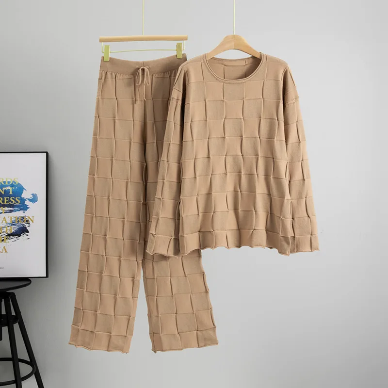 

Повседневный шикарный клетчатый дизайн, вязаный женский трикотаж с круглым вырезом, свитер, модный пуловер, однотонные эластичные брюки с высокой талией, комплект из двух предметов, B674