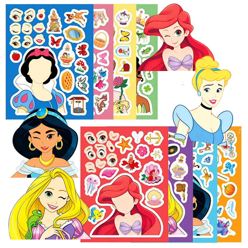 

8/16sheets Disney Anime Princess Make a Face Stickers Cute Puzzle Sticker Party Toy Gift Funny Assemble Jigsaw DIY Cartoon Decal