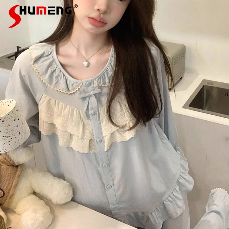 

Long Sleeve Homewear Set Outerwear Pure Cotton Pajamas for Women Autumn Winter Sweet Cute Doll Collar Lace Female Underwear