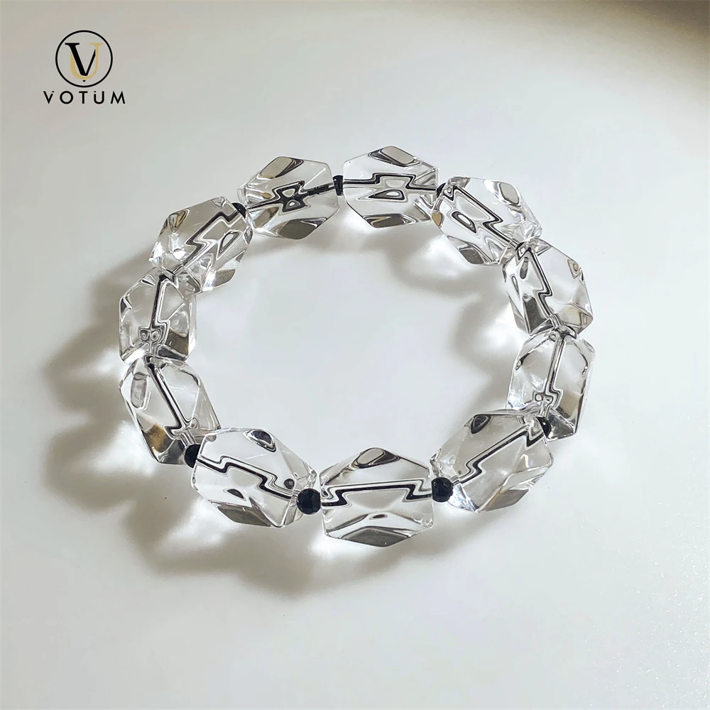 Votum Natural Faceted Clear Quartz Beaded Bracelet for Unisex White Crystal with Small Size Black Agate Beads Spiritual Jewelry