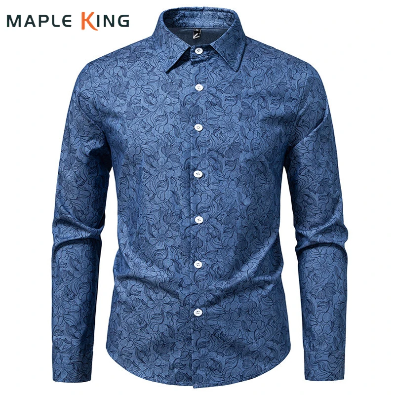 Mens Elegant Blue Floral Printed Shirts 2026 Vintage Clothing Chemise Hommes Manche Longue Blusa Jeans Masculina Man Shirts