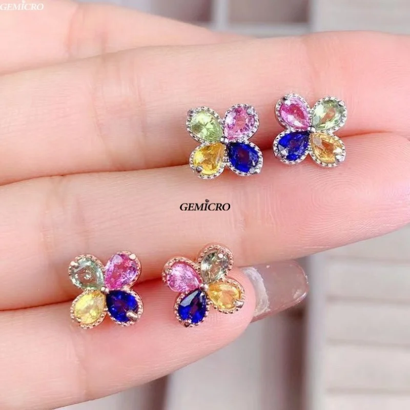 Genuine Natural Colorful Sapphire Earring Studs for Women Girl Engagement Wedding Gift with 925 Sterling Silver 8pcs 3x4mm Gem