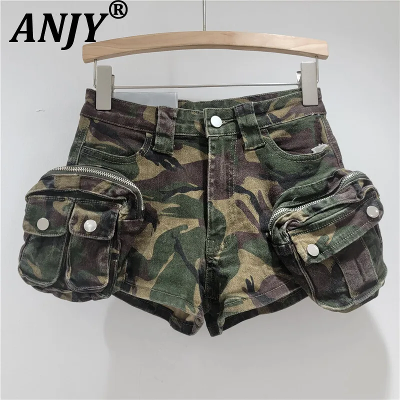 

ANJY Summer New Women American Retro Streetwear Camouflage Three-dimensional Pocket Cargo Jeans Casual Trendy Denim Shorts A7672