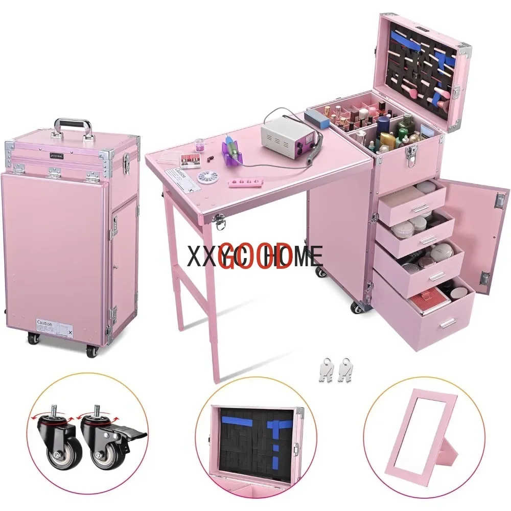 BYOOTIQUE Rolling Manicure Table Foldable Nail Table Makeup Train Case with Desk Cosmetic Trolley Travel Storage Organizer