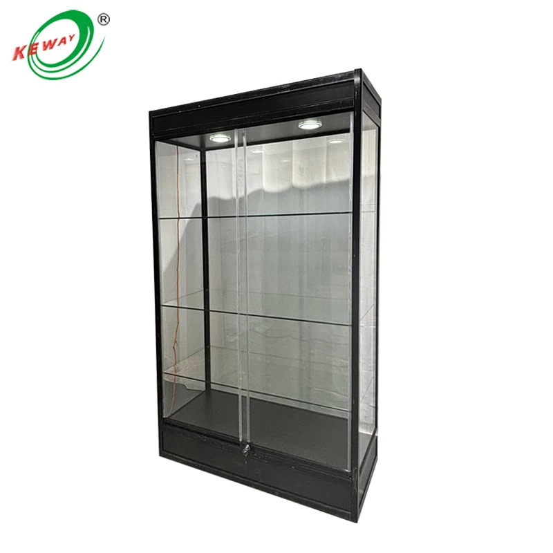 Glass 3-Shelf Display Showcase with Black Aluminum Frame Lockable Display Showcase With Light