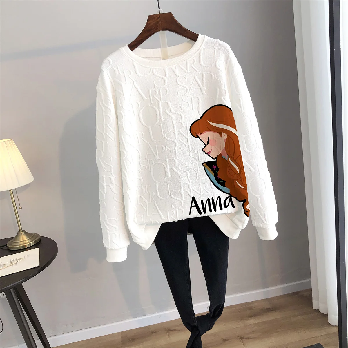 Disney 2024 Anime Frozen Anna Elsa Print Loose Sweatshirt Spring Autumn Cartoon Pullover Top Clothing