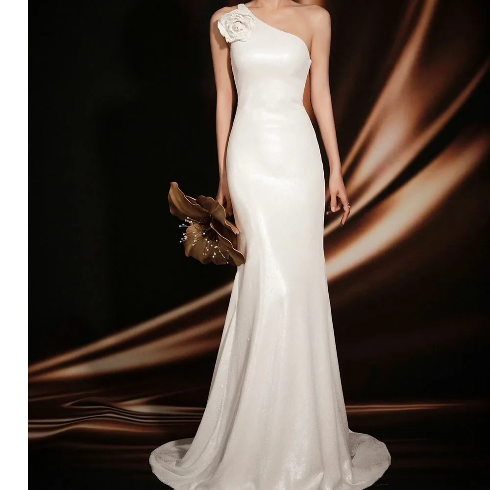 

Customized Exquisite 3DFlowers Satin One Shoulder Evening Dress High Quality Straight Sleeveless Floor Length Homecoming Gowns