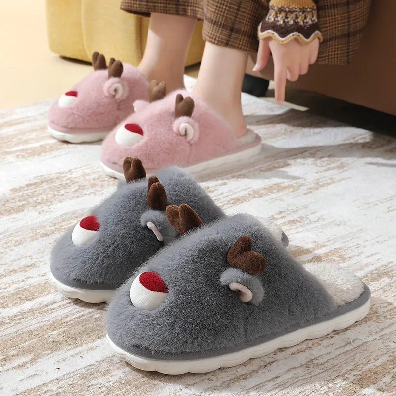 Autumn and Winter Fluffy Cotton Slippers Women Men Christmas Elk Slippers Family Indoor Home Non-slip Outside Warm Cotton Drag