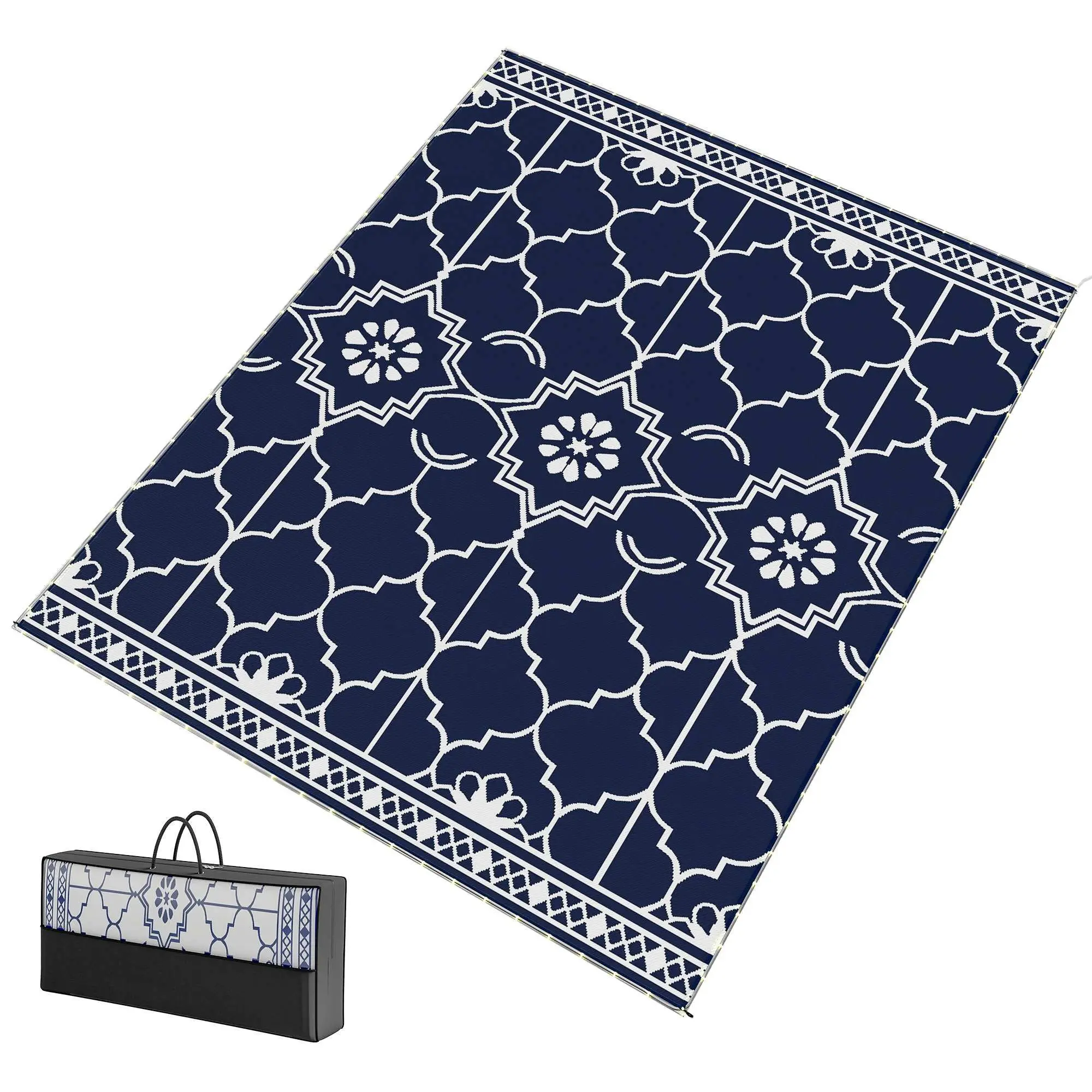Reversible Outdoor Rug Carpet with LED Lights, 10' X 8' PP Straw Rug with Carry Bag and Ground Stakes