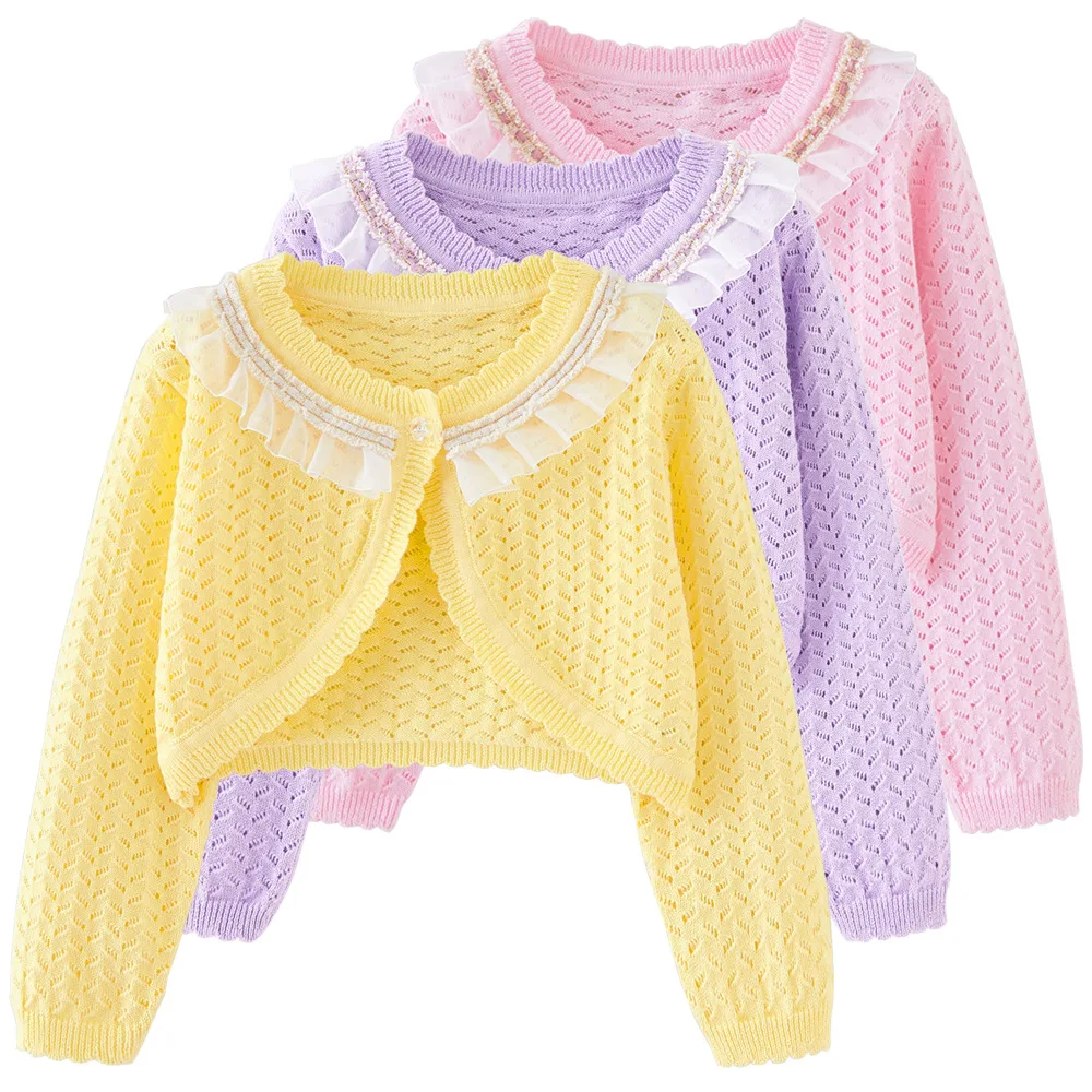 Chaqueta Cárdigan de Punto para Niñas, Primavera-Verano 2026, Nuevo Modelo con Lazo Rosa, Suéter Infantil de Algodón, Lindo Chal para el Sol, Ropa Infantil