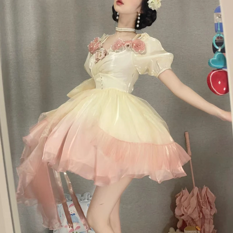 Vintage Elegant Flower Fairy Cosplay Costume Gradient Color Japanese Sweet Lolita Dress for Women Holiday Party Dress