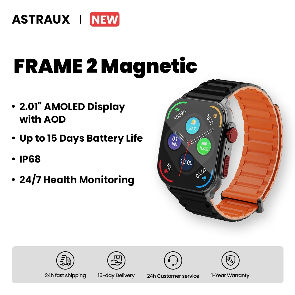 

ASTRAUX Frame 2 Magnetic Smart Watch 2.01” AMOLED Built-in Bluetooth for Calls Sports for Men up to 15 Days Battery Lif