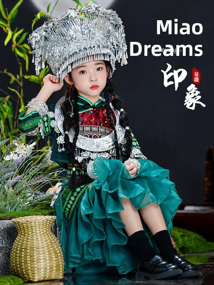 

Full Set Ethnic Miao Children's Costume Performance Clothing for Girls Toddler Size Traditional Han Tujia Ethnic up