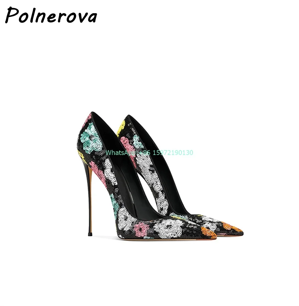 

Bling Flower Design Pumps Pointy Toe Thin Heels Mixed Color Niche Princess Shoes Fashion Sexy Ladies Runway Stiletto Shoes