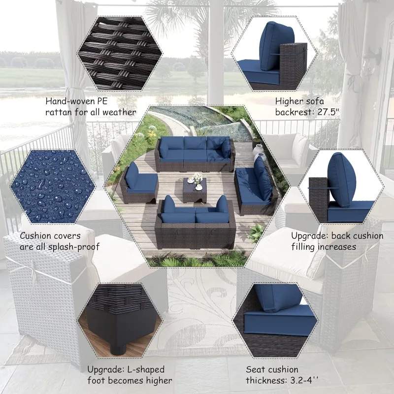 9 Pieces Outdoor Patio Furniture Set Sectional Sofa Sets Brown PE Rattan Patio Conversation Set w/8 Dark Blue Seat Cushions