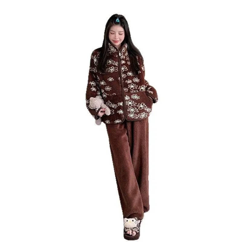 Pajamas Women's Autumn and Winter New Flannel Loungewear Coral Fleece Thickened Fleece Small Flower Zipper Warm Clothes Cover