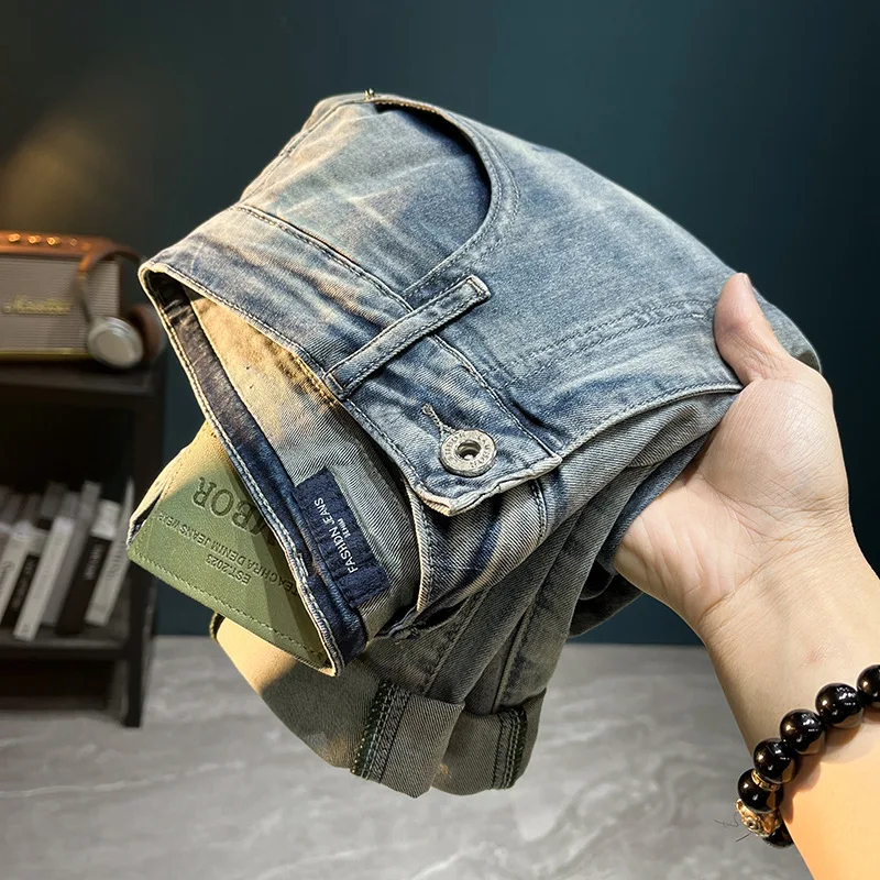 Ripped jeans for men2024summer thin patch printing design slim elastic casual high-end trend skinny pants