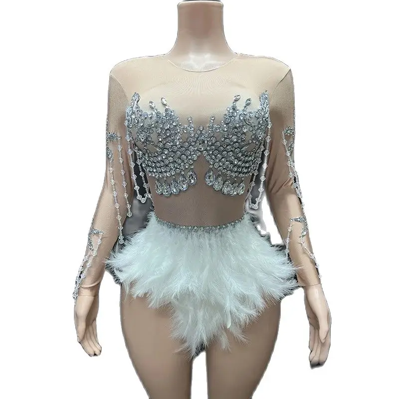 Robe de Soirée Sexy en Plumes et Strass pour Femme, Tenue de Pole Dance, Costume de Cosplay, d'Halloween, Bar, Ds, Dj, Tricot, Wlwear, XS8591
