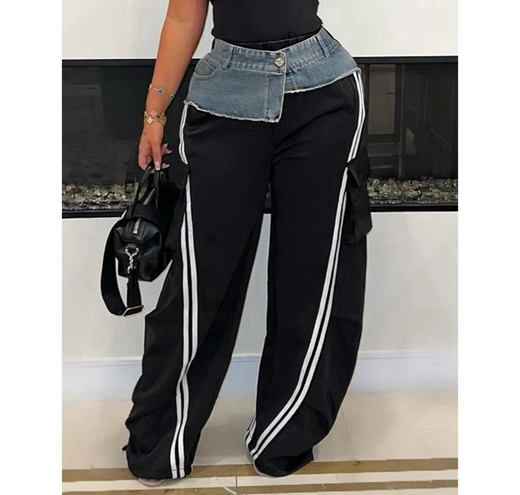Women's Denim Patchwork Jogger Pants Elastic Waist with Side Stripes & Patch Pockets Straight Leg Casual Streetwear Sports Wear