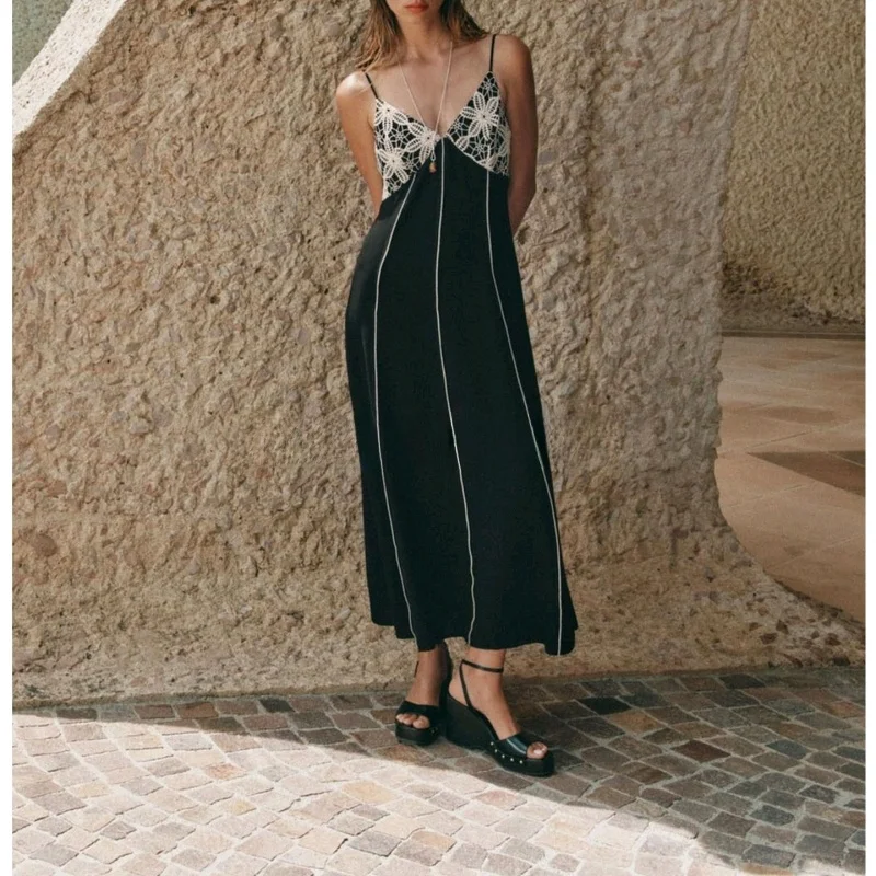 Fall Women's Color Blo Embroidery V-Ne Strap Midi Dr High Waist A-Line Skirt Polyester Fiber No Sve Casual Wear