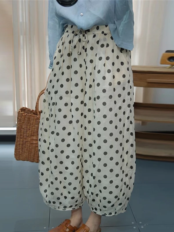 Pantaloni a palloncino larghi da donna Pantaloni estivi casual a gamba dritta a vita alta con elastico in vita Pantaloni con etichetta vintage a pois