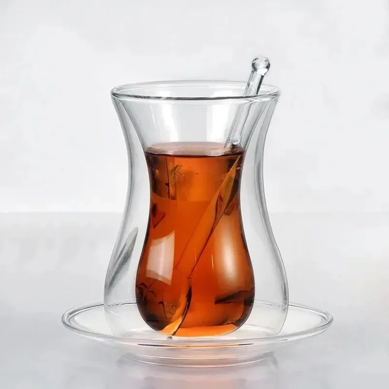 Schönheit Schwarz Tee Tasse Untertasse Teelöffel Sets Türkische Bohea Doppel Wand Glas Isolierte Thermische Café Kaffee Becher Teetasse