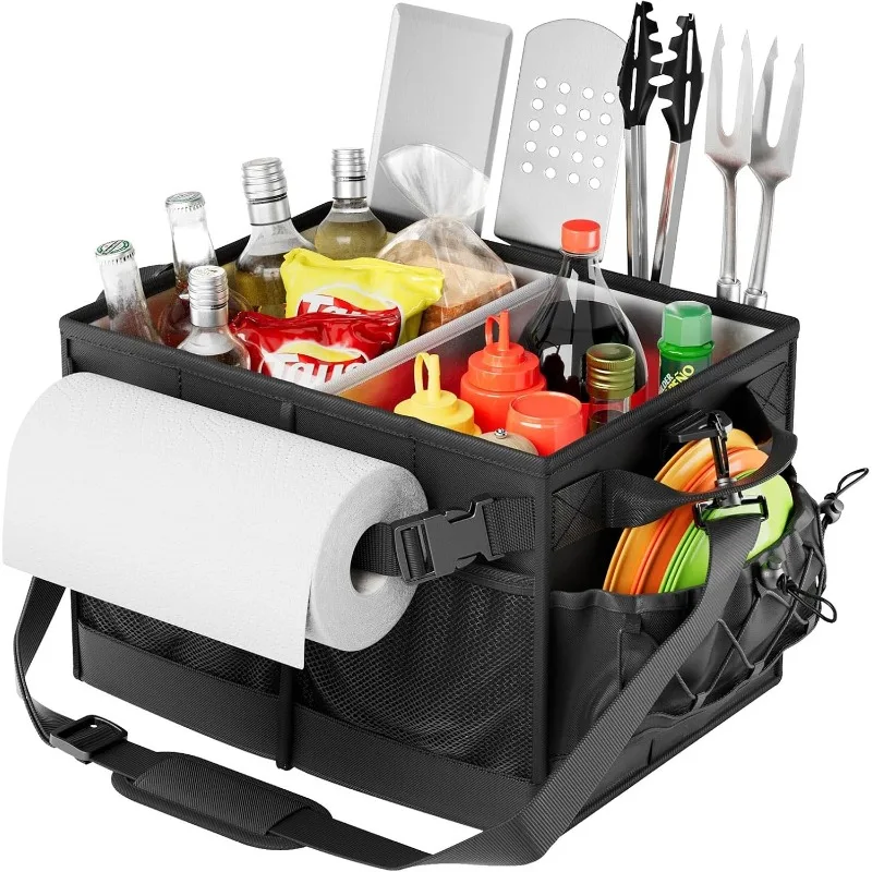 BBQ Caddy with Paper Towel Holder, Utensil Caddy with Condiment Pocket, Collapsible Picnic Basket Camping Gear Must Haves,Black