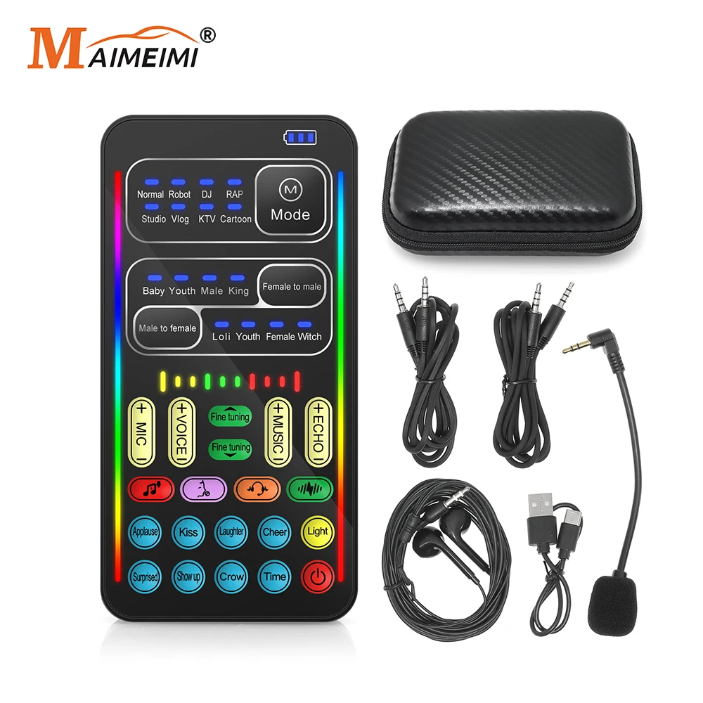 i9 Voice Changer With Earphone With Microphone Mini Sound Card Audio Effect Bluetooth-Compatible Live Sound Cards Voice Tool